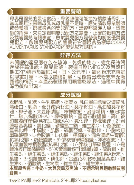 重要聲明 成分說明 貯存方法